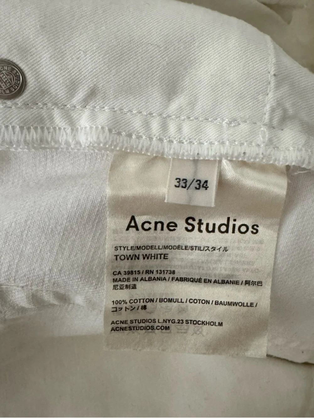 Acne Studios Town White Straight Leg  Jeans 100% Cotton 33x34